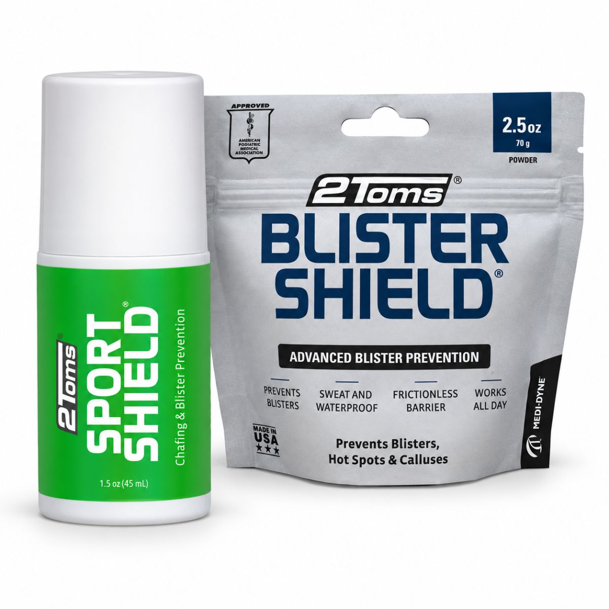 2Toms Chafing and Blister Prevention Bundle with SportShield roll-on and BlisterShield powder for friction and blister prevention.