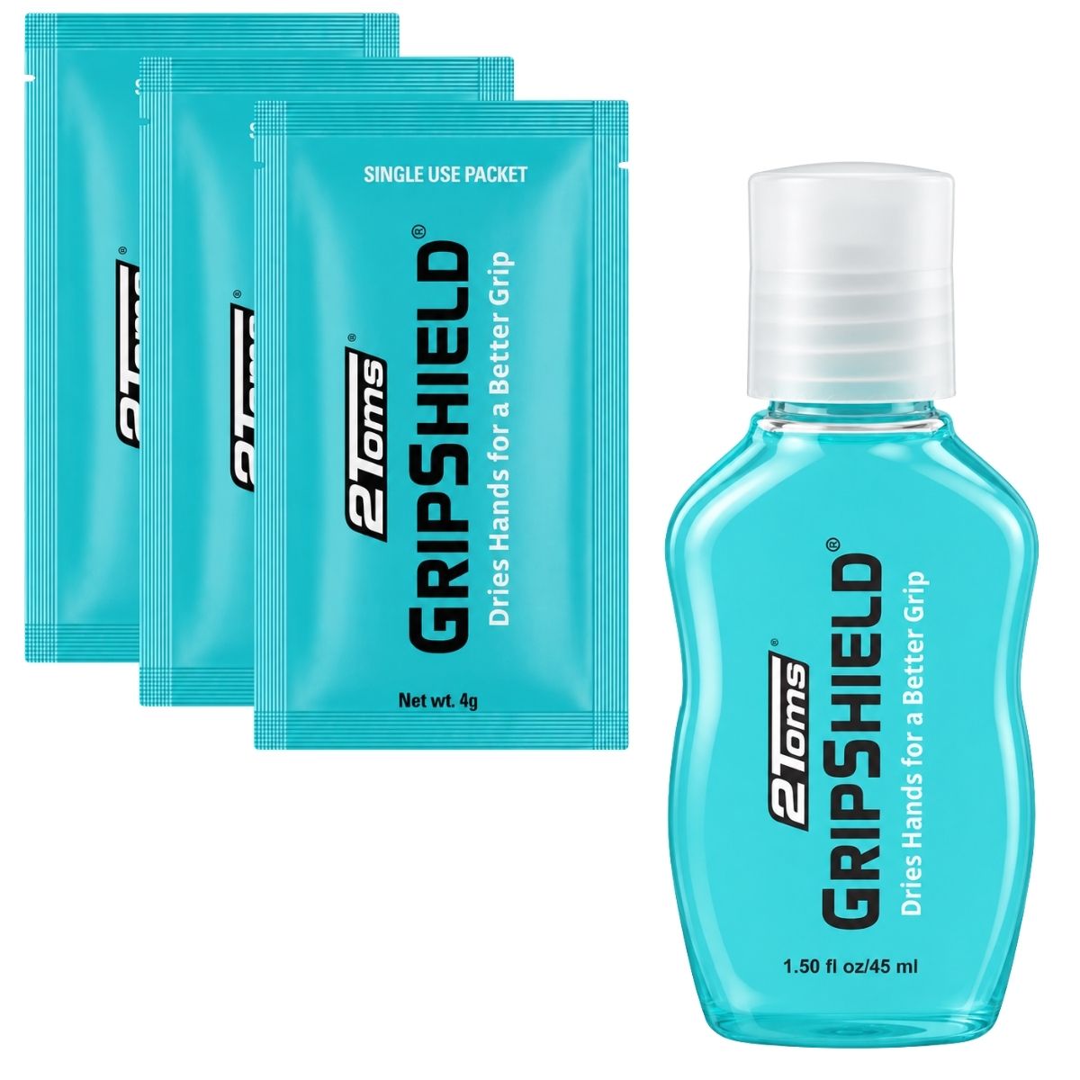 Combo pack of 2Toms GripShield grip enhancer for sweaty hands on a white background.