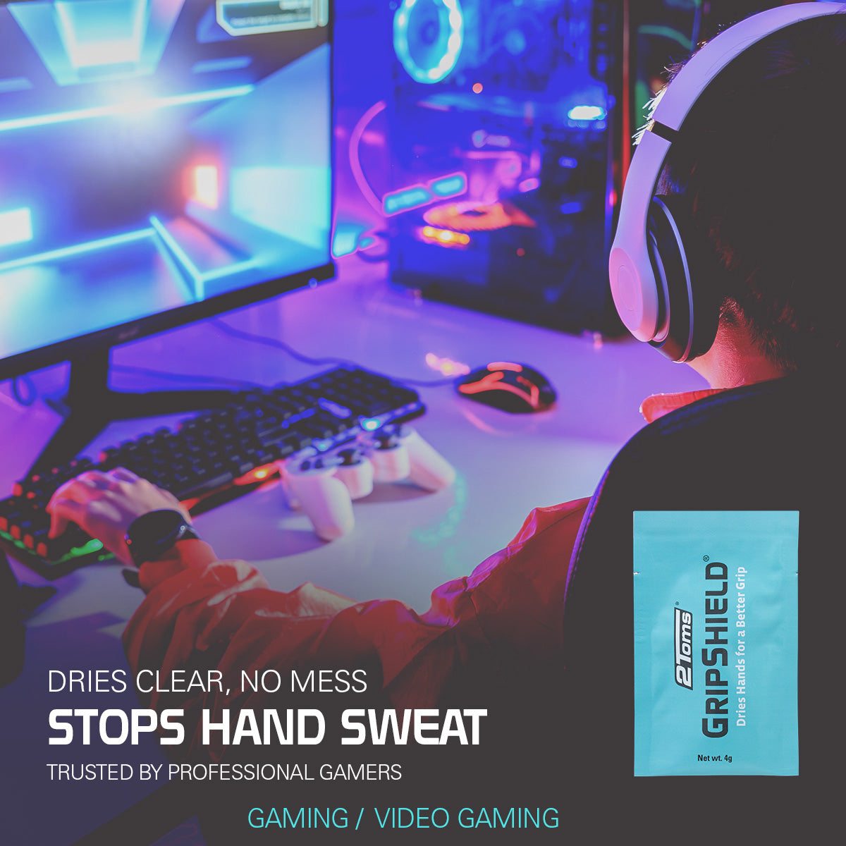 Video gamer next to 2Toms GripShield packet