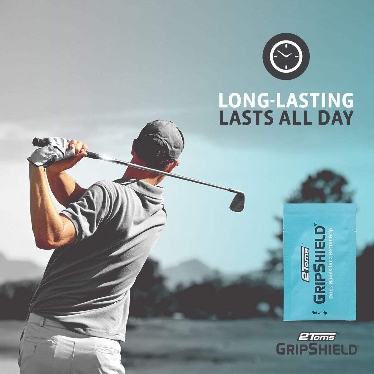 Golf player next to a 2Toms GripShield packet