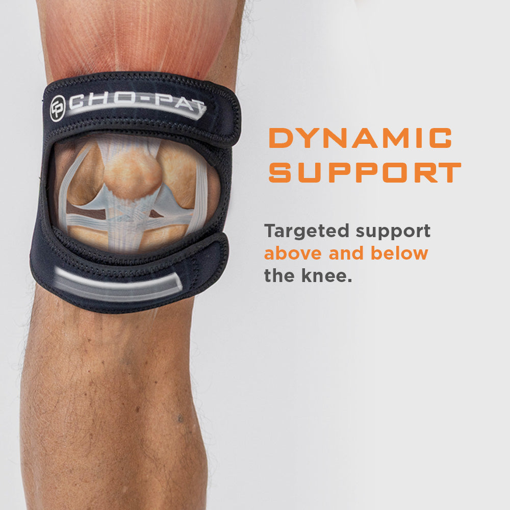 Cho-Pat Dual Action Lite Knee Strap shown on a leg with an illustrative overlay highlighting its dual-support design above and below the knee.