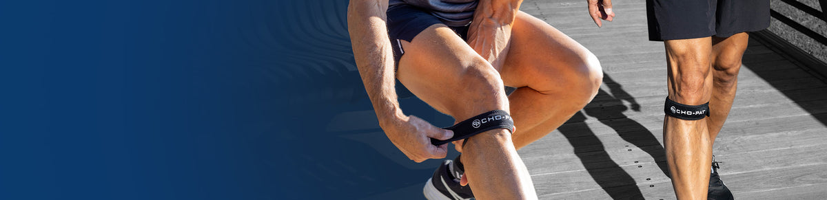 Cho-Pat knee strap worn below the kneecap for targeted support during running