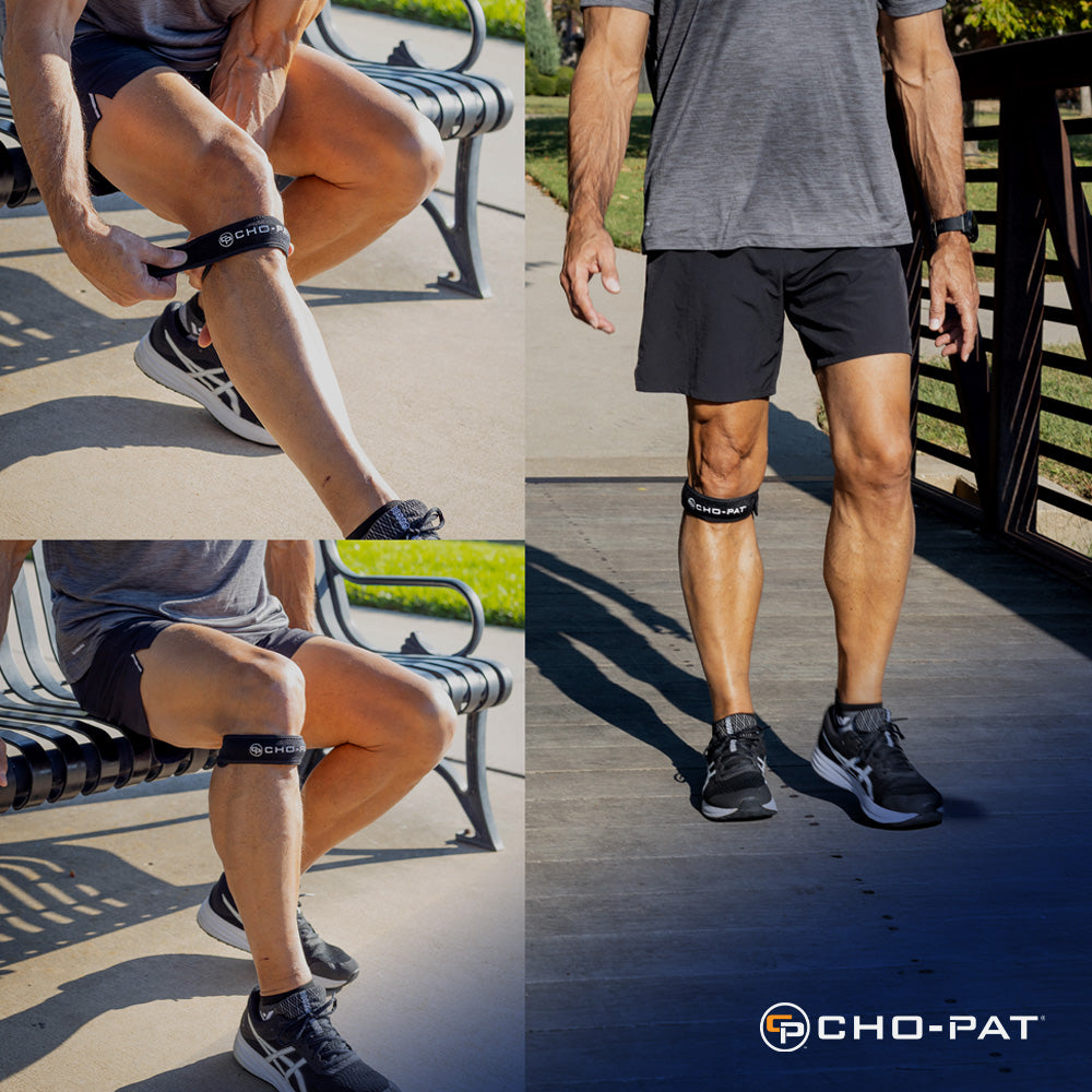 Collage showing a person putting on the Cho-Pat Patella Knee Strap and walking outdoors while wearing it.