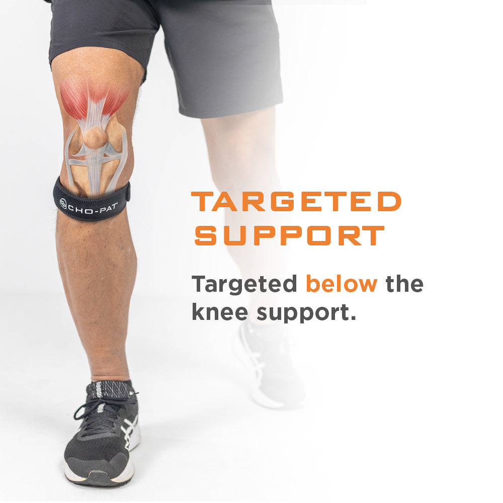 Cho-Pat Patella Knee Strap worn below the kneecap with an illustrated overlay showing the targeted support area.