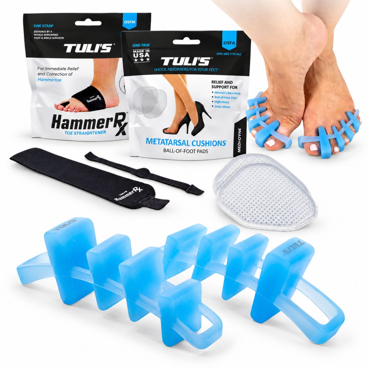 Tuli's Forefoot & Toe Support Bundle with Soft Moves Toe Separators, HammerRx Toe Straightener, and Metatarsal Cushions