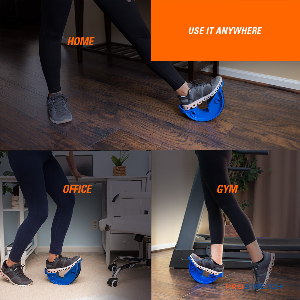 Collage showing ProStretch Original foot rocker calf stretcher being used at home, in the office, and at the gym