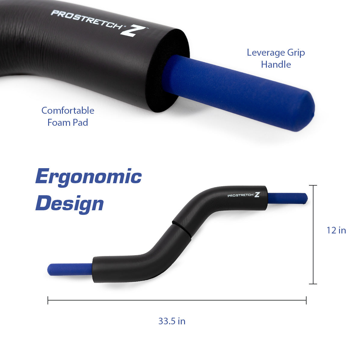 ProStretch Z stretching tool featuring an ergonomic curved design, comfortable foam padding, and blue leverage grip handles. Product dimensions shown are 33.5 inches long and 12 inches high.