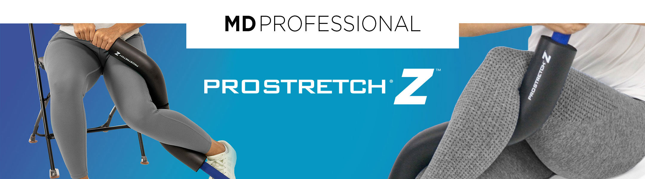 Person using ProStretch Z stretching device while seated to stretch calf, hamstring, and lower leg muscles.