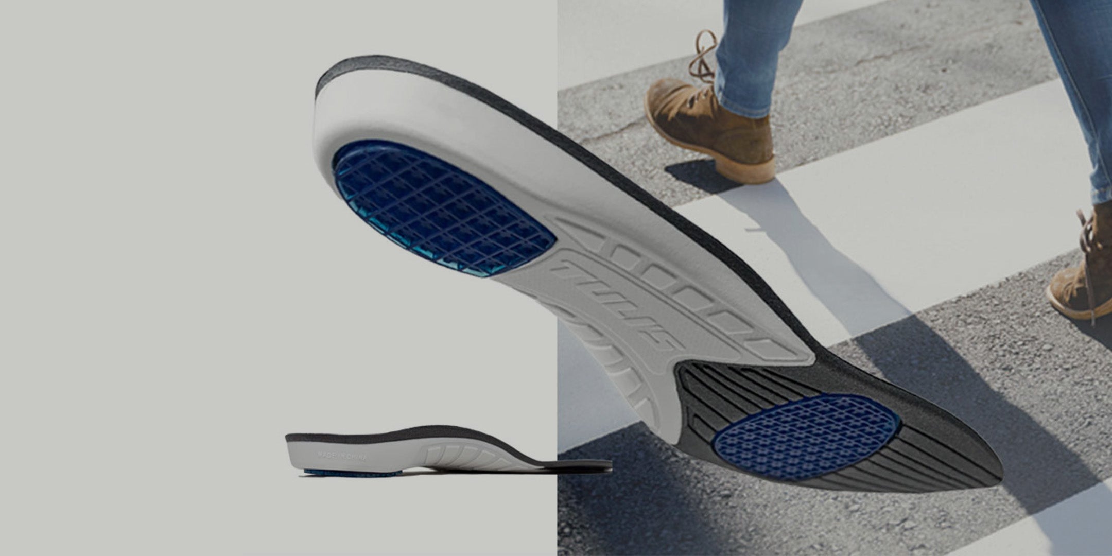 Tuli’s Plantar Fasciitis arch support insoles with heel and forefoot cushioning shown with a person walking.