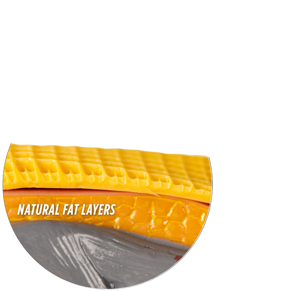 Illustration showing natural heel fat layers and how Tuli's Classic heel cup helps cushion the heel.