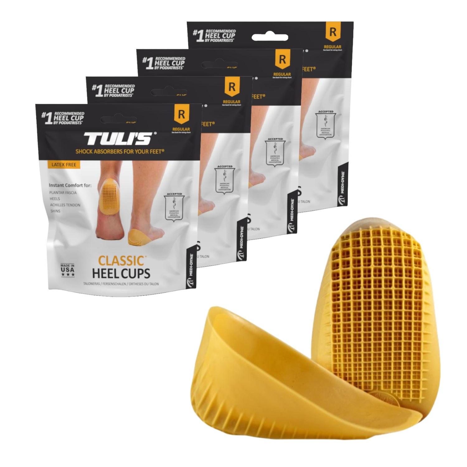 Tuli’s Classic Heel Cups 4-Pack multi-pack showing four retail packages and yellow shock absorbing heel cup inserts.