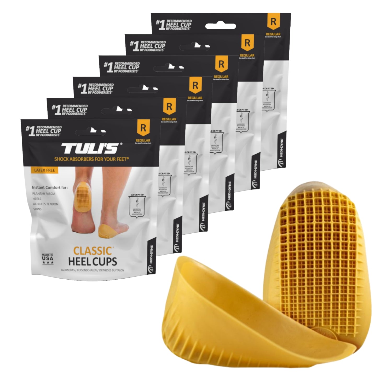 Tuli’s Classic Heel Cups 6-Pack multi-pack showing six retail packages and yellow shock absorbing heel cup inserts.
