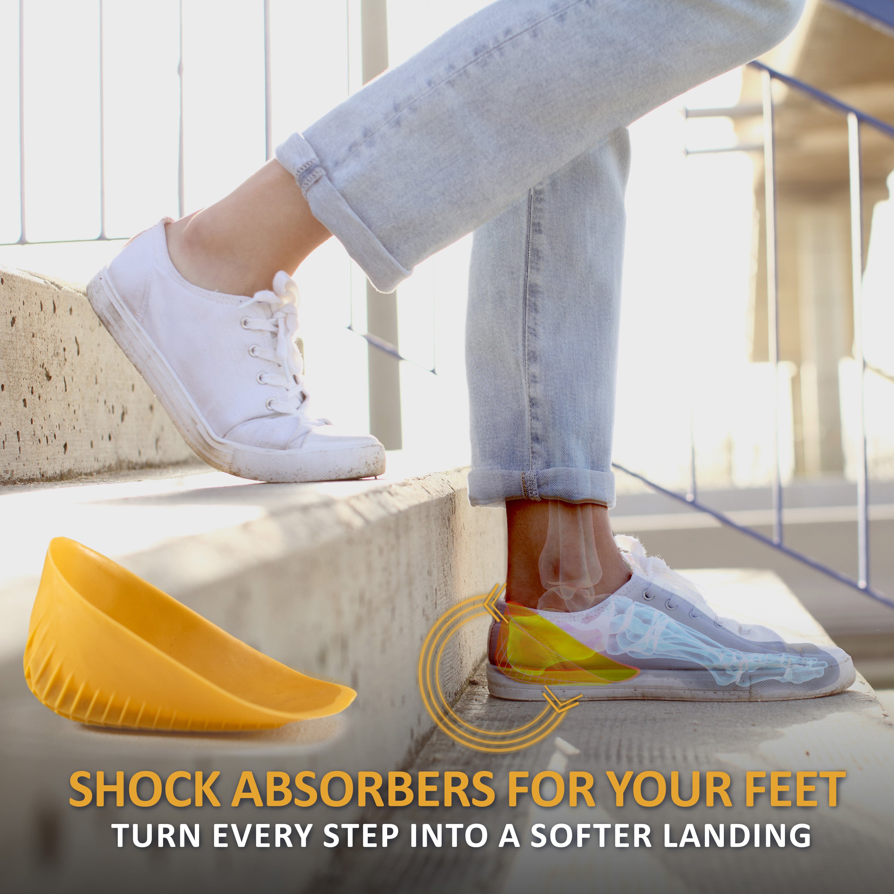 Tuli’s Classic Heel Cups inside white sneakers demonstrating shock absorption while stepping down stairs.