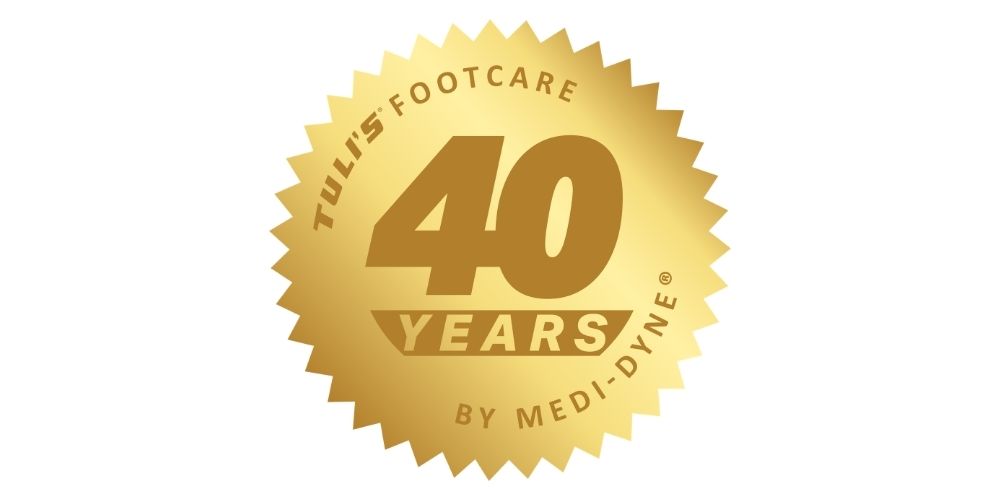Tuli’s Footcare 40 Years anniversary badge by Medi-Dyne.