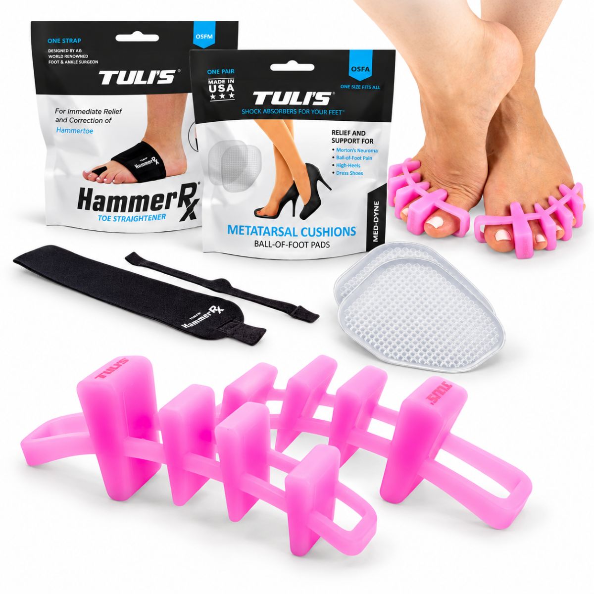 Tuli's Forefoot & Toe Support Bundle with pink Soft Moves Toe Separators, HammerRx Toe Straightener, and Metatarsal Cushions