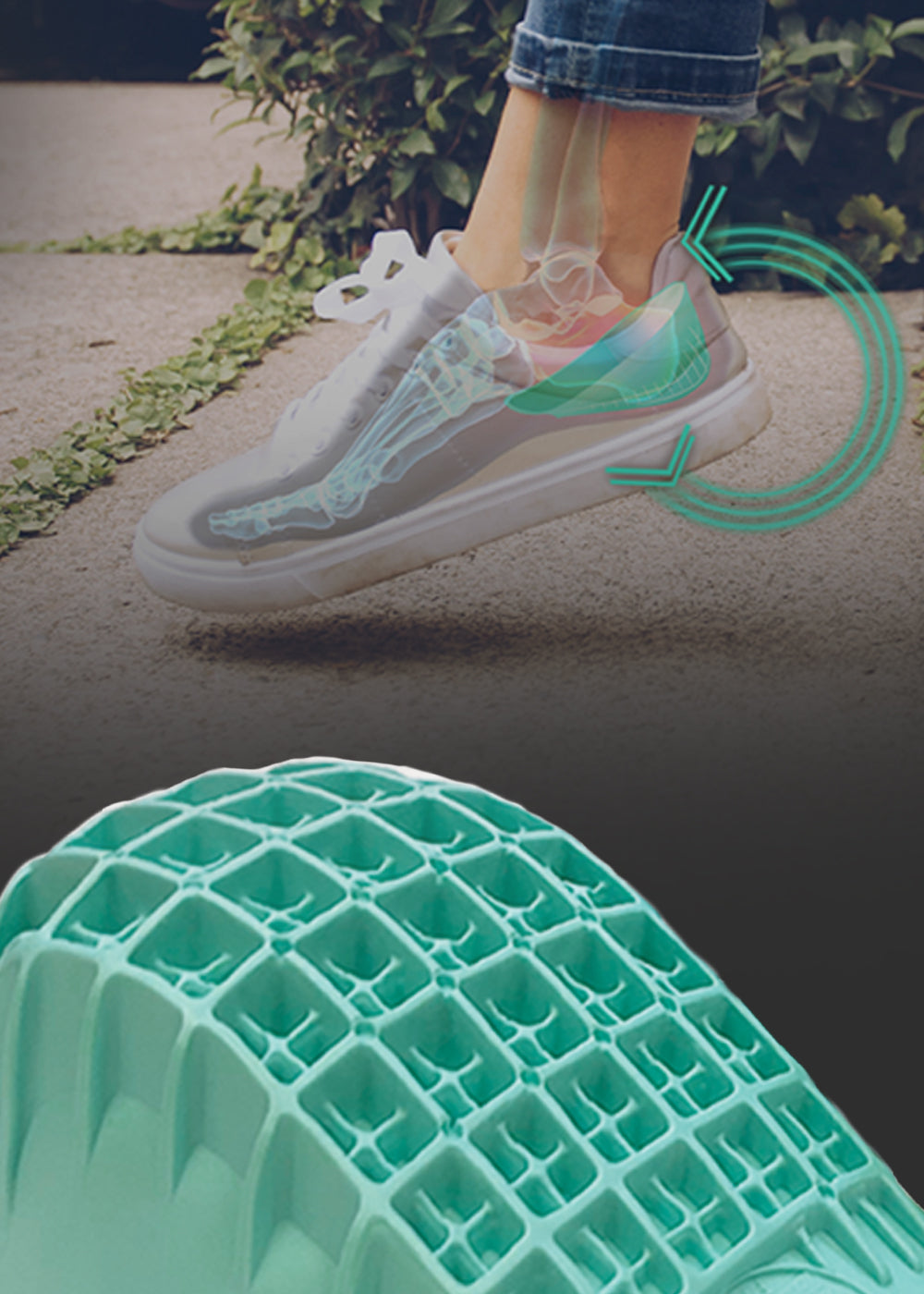 Illustration showing a Tuli's Heel Cup heel cup cushioning the heel inside a shoe with close-up of the multi-cell shock-absorbing design.