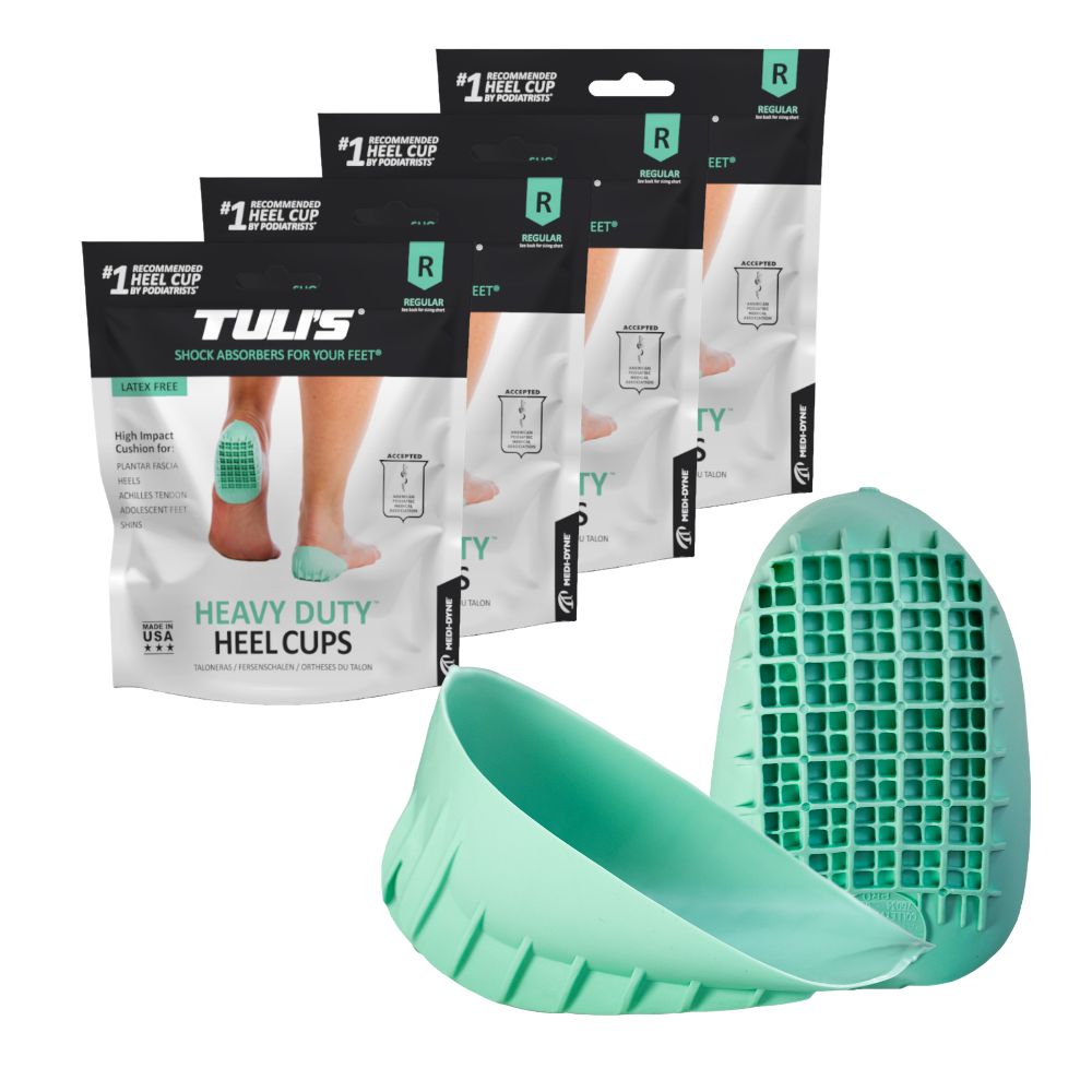 Four-pack bundle of Tuli’s Heavy Duty Heel Cups displayed with green heel cup product.