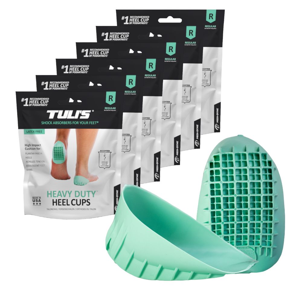 Six-pack bundle of Tuli’s Heavy Duty Heel Cups displayed with green heel cup product.