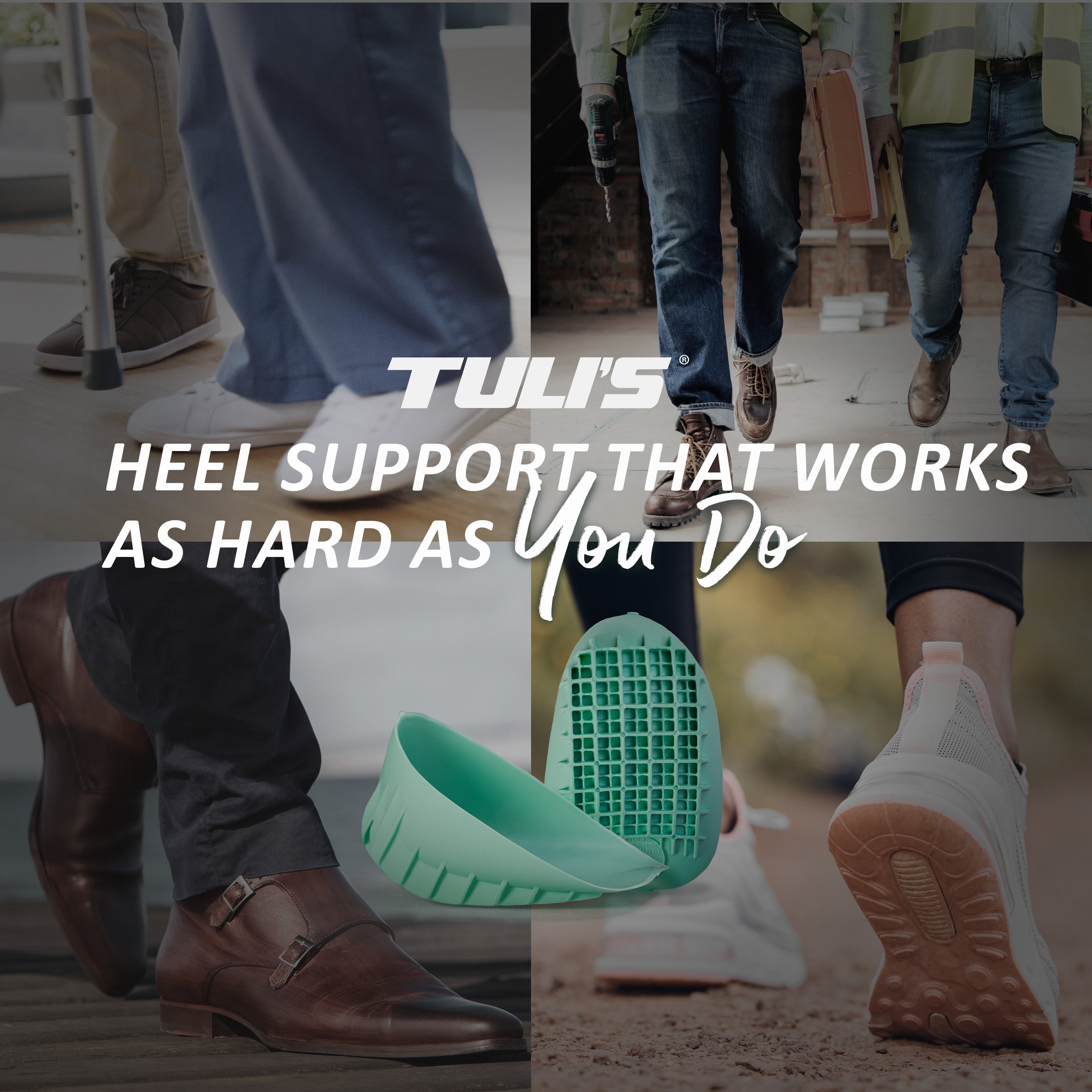 Lifestyle collage showing Tuli’s Heavy Duty Heel Cups used in work shoes and everyday footwear.