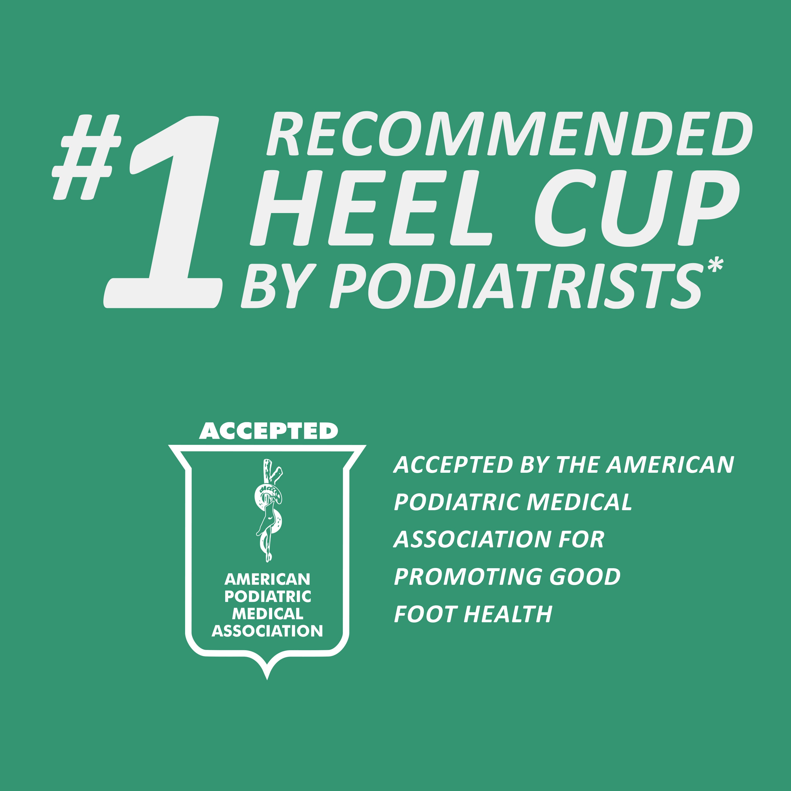 Graphic showing Tuli’s Heel Cups with podiatrist recommendation and APMA acceptance badge.