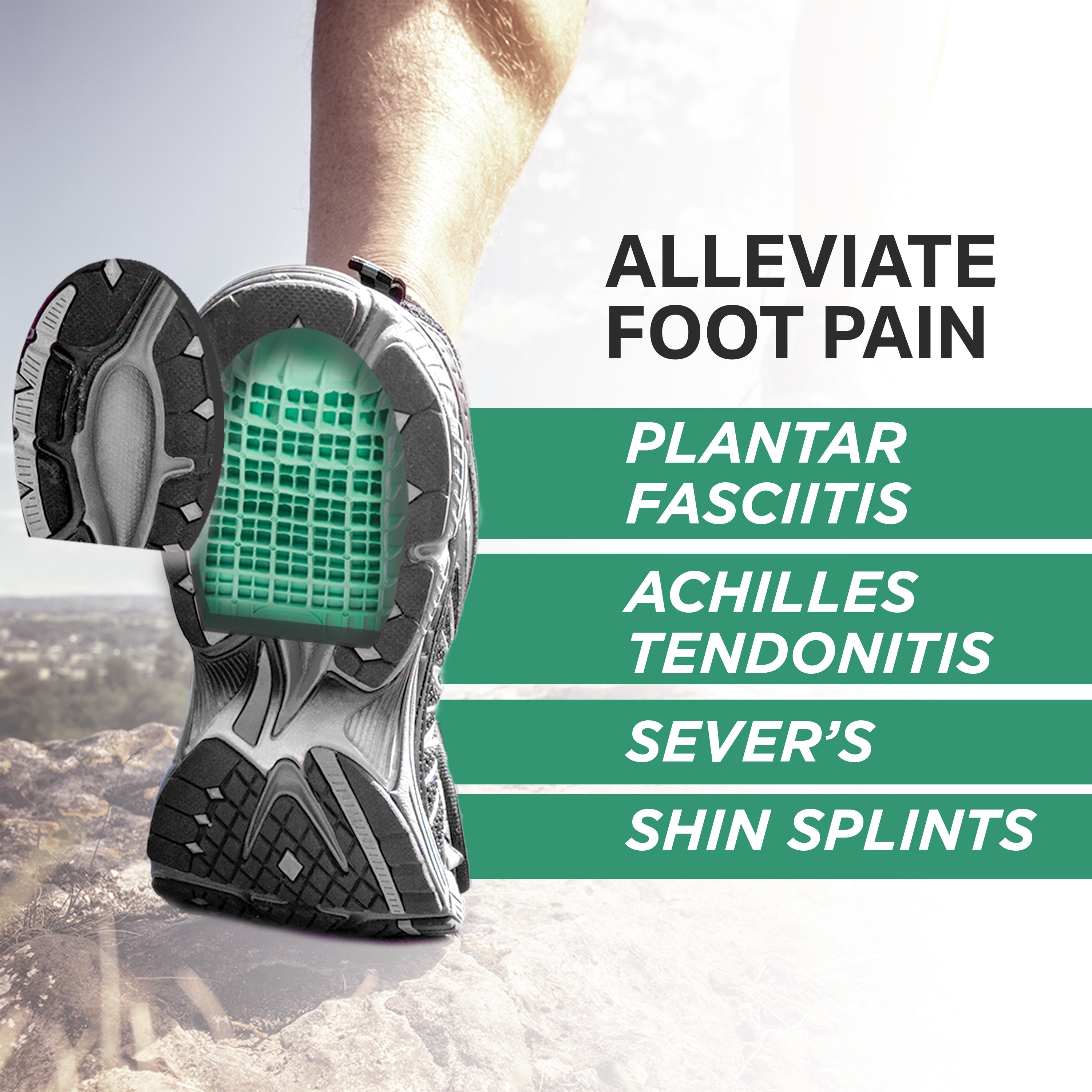 Athletic shoe displaying Tuli’s Heavy Duty Heel Cup positioned under the heel for added support.