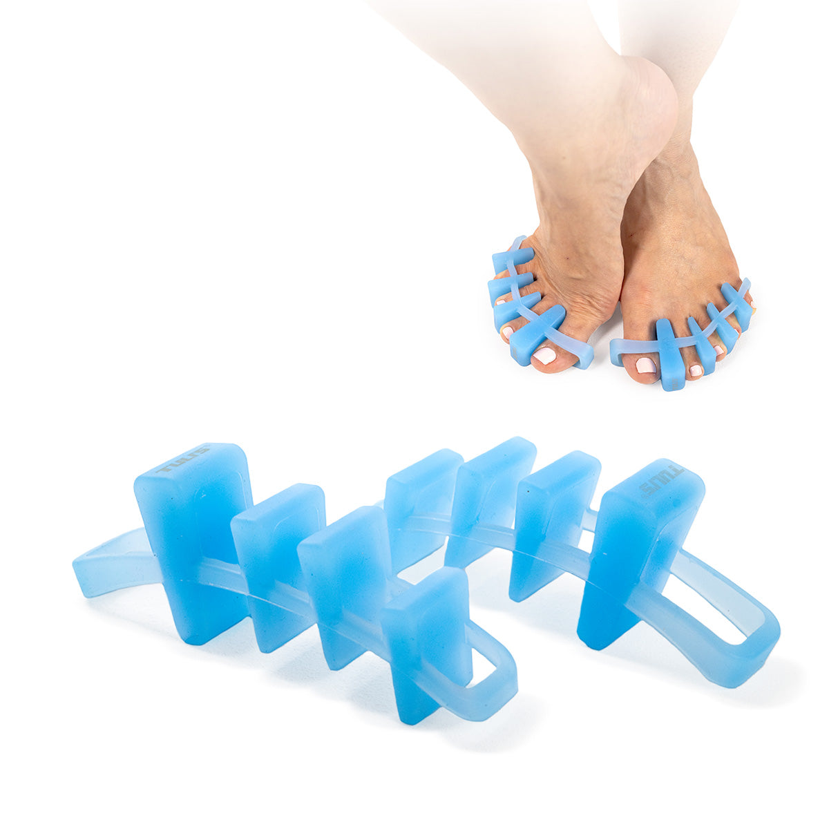 Blue Tuli's Soft Moves Toe Separators shown on feet and as a standalone product for toe stretching and realignment.