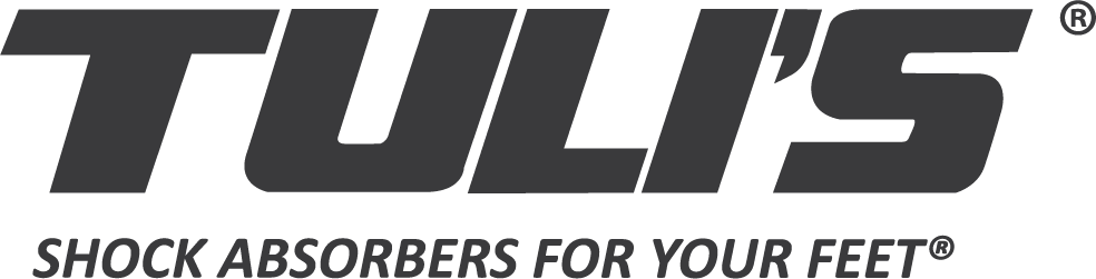 Tuli's brand Logo with tagline shock absorbers for your feet.