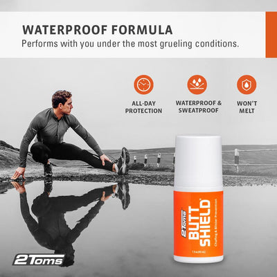 2Toms ButtShield is made of a waterproof formula that performs with you under the most grueling conditions: all day protection, waterproof and sweatproof, and it won't melt