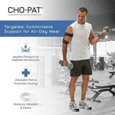 Man wearing the Cho-Pat Bicep Tricep Cuff lifting weights in gym. Targeted comfortable support for all-day wear.