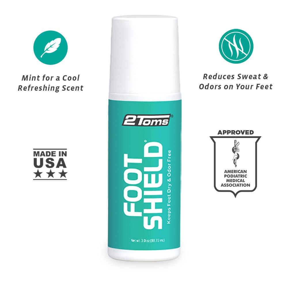 2Toms FootShield bottle with features: Mint for a cool refreshing scent, made in USA, Reduces Sweat and Odors on your feet and is APMA approved