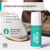 2Toms Footshield bottle next to shoes. 2Toms FootShield prevents sweaty feet, smelly shoes, growth of bacteria, and blisters.