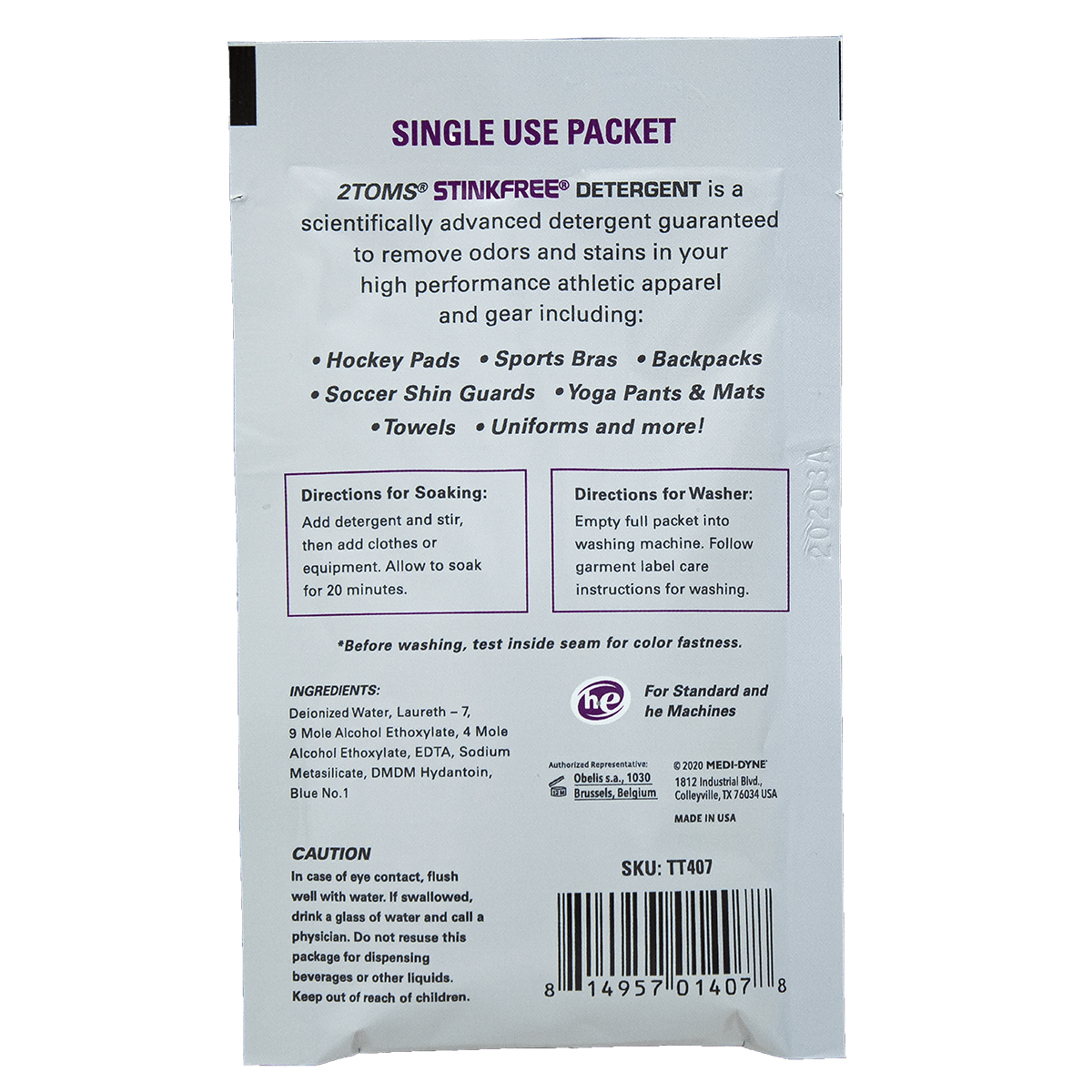 Back view image of 2Toms StinkFree Sports Detergent single-use packet.