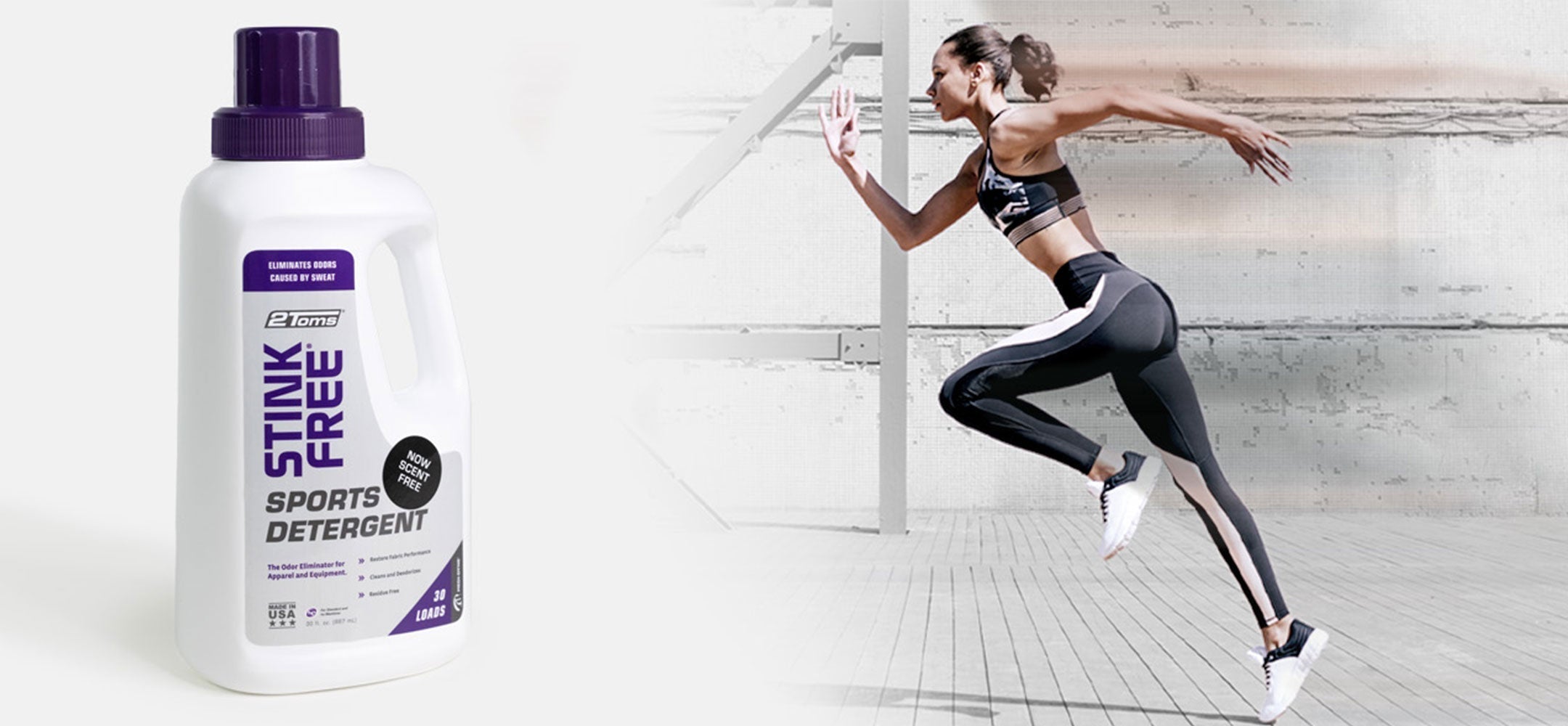 lady running and 2Tom StinkFree Sports detergent bottle