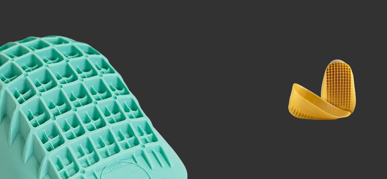 Close-up of Tuli's heel cup cushioning design with grid pattern for shock absorption.