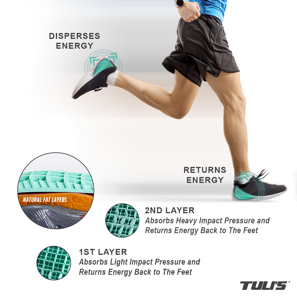 Runner showing Tuli's Heel Cup shock absorption design