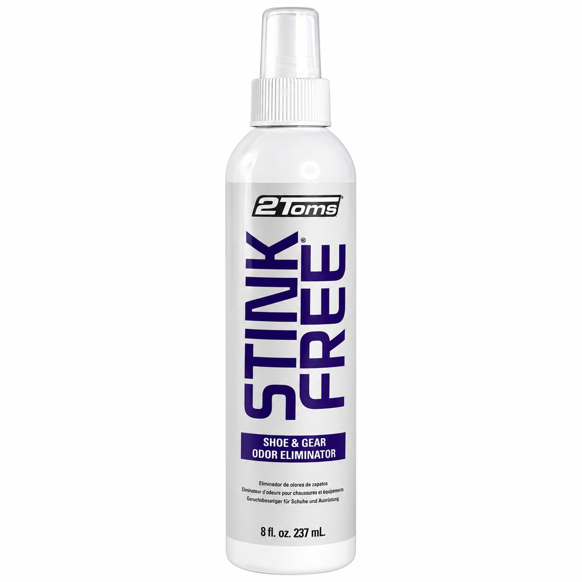 A 2Toms Stink Free Shoe & Gear Odor Eliminator spray bottle, 8 fl. oz. (237 mL), on a solid white background.