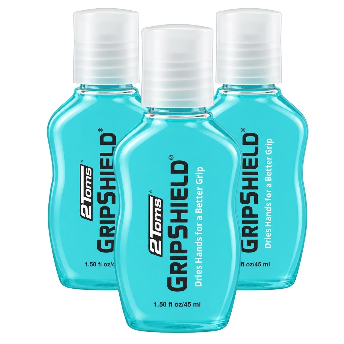 Three bottles of 2Toms GripShield grip enhancer for sweaty hands on a white background.