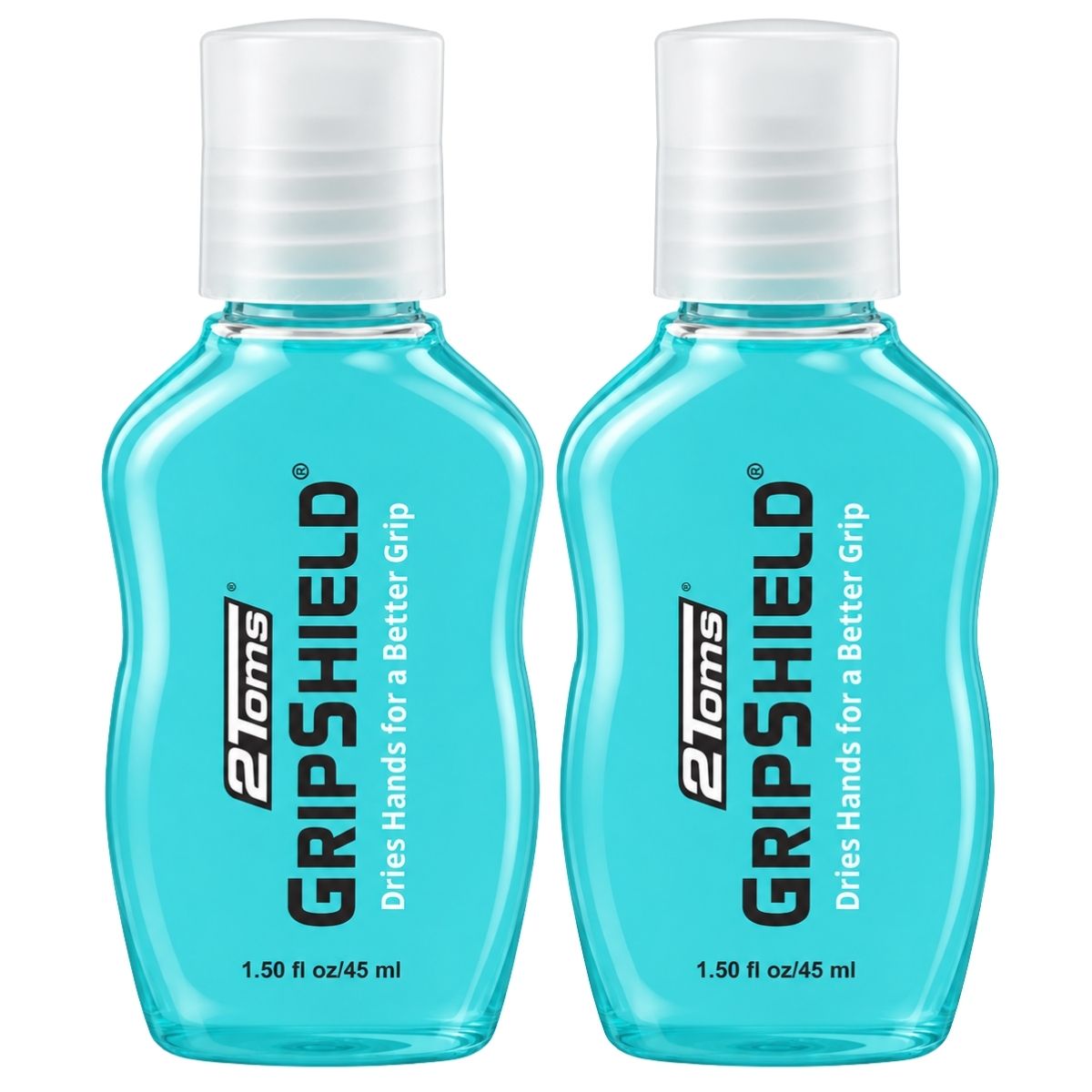 Two bottles of 2Toms GripShield grip enhancer for sweaty hands on a white background.