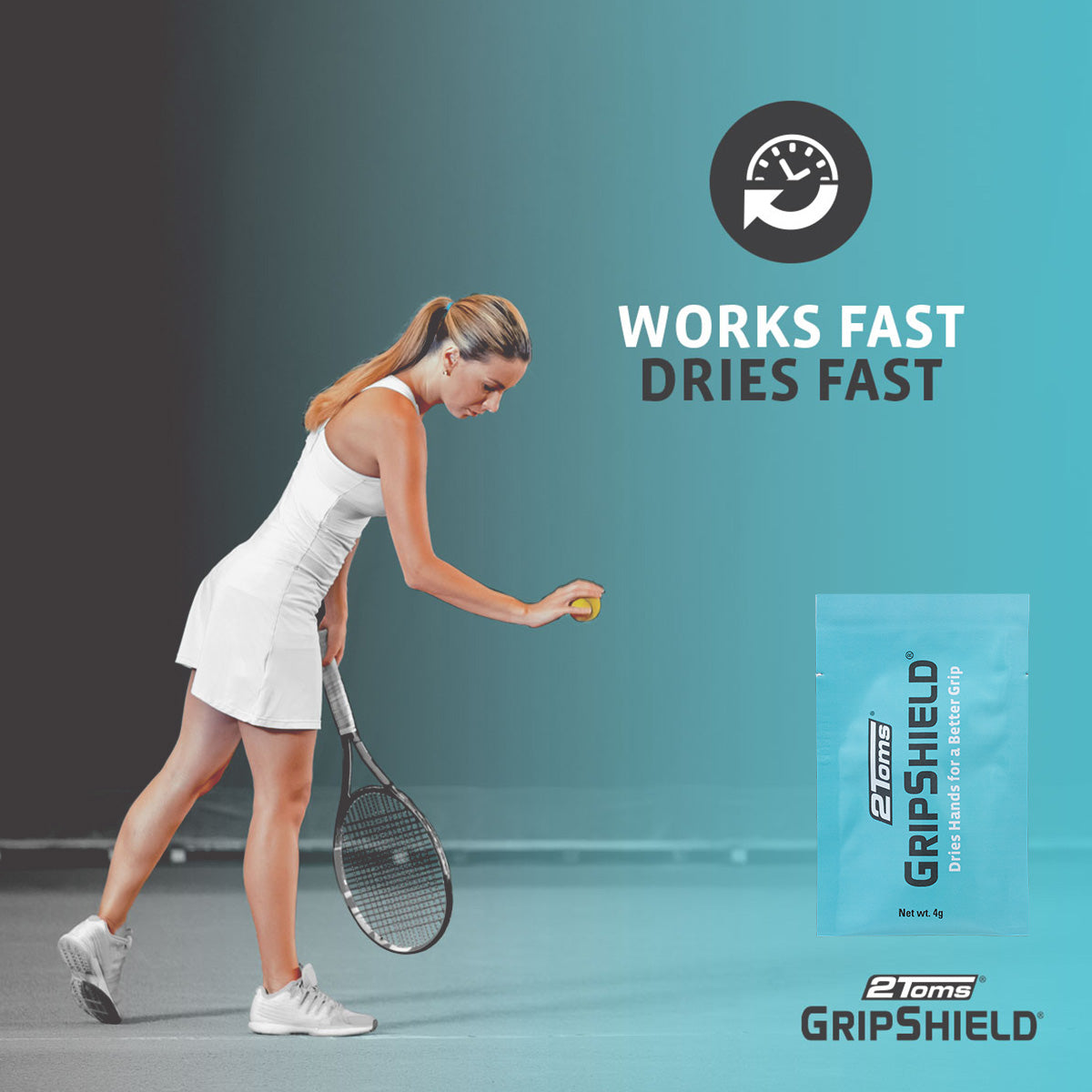 lady playing tennis next to 2Toms GripShield Packet 