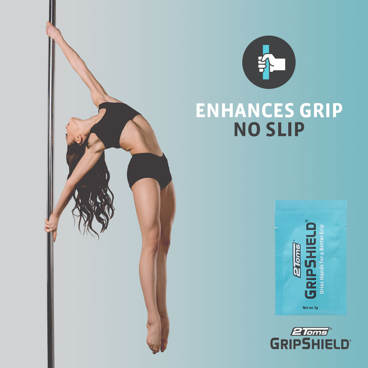 Pole dancer next to 2Toms GripShield Packet 