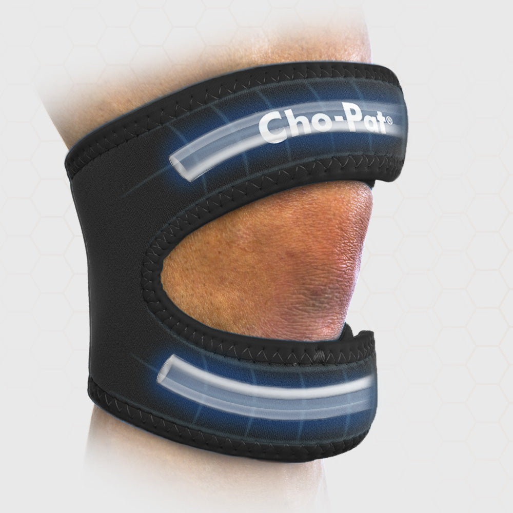 Illustration of the Cho-Pat Dual Action Knee Strap up and below the knee support 