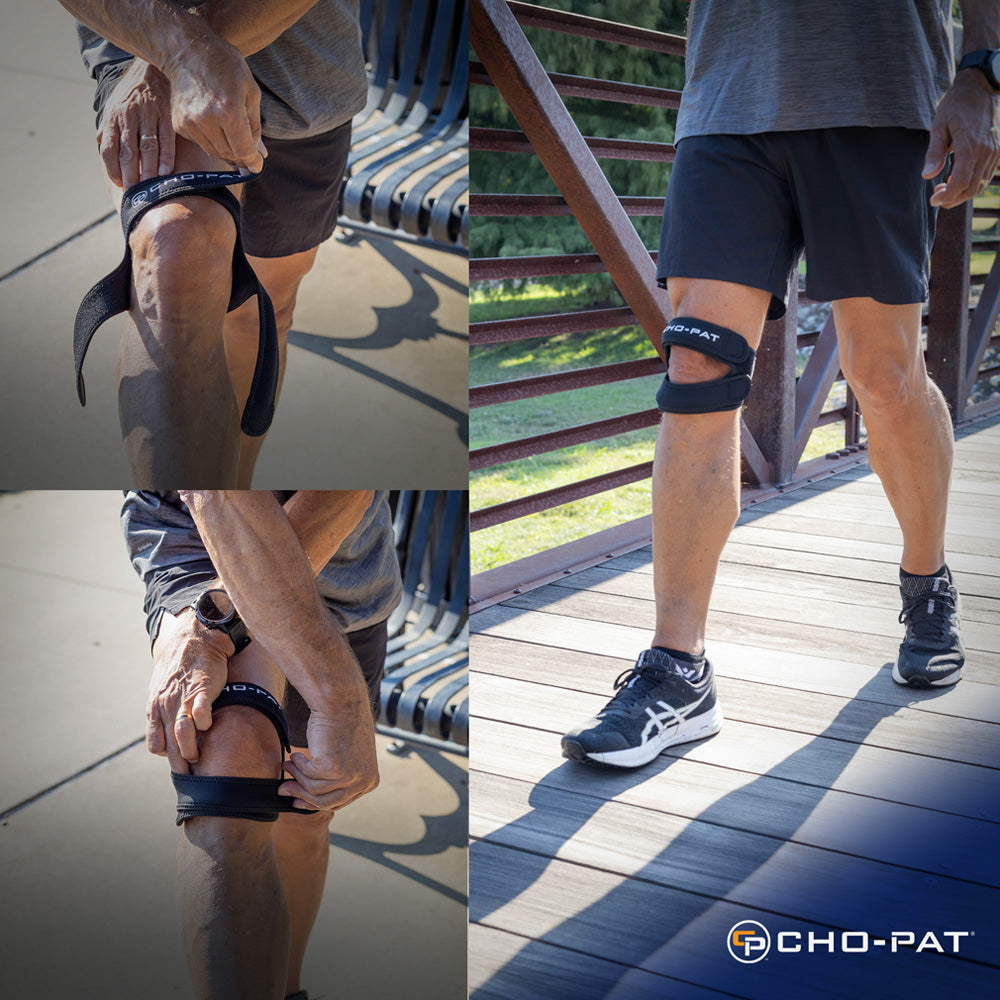 Collage showing step-by-step application of the Cho-Pat Dual Action Lite Knee Strap and a person walking outdoors while wearing it.