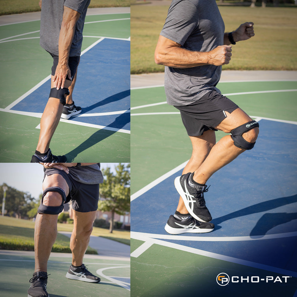Collage of a person running and exercising on an outdoor court while wearing the Cho-Pat Dual Action Lite Knee Strap.