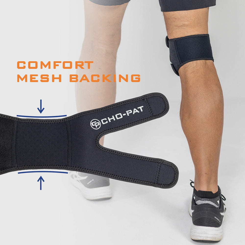 Cho-Pat Dual Action Lite knee strap showing breathable comfort mesh backing and adjustable strap design