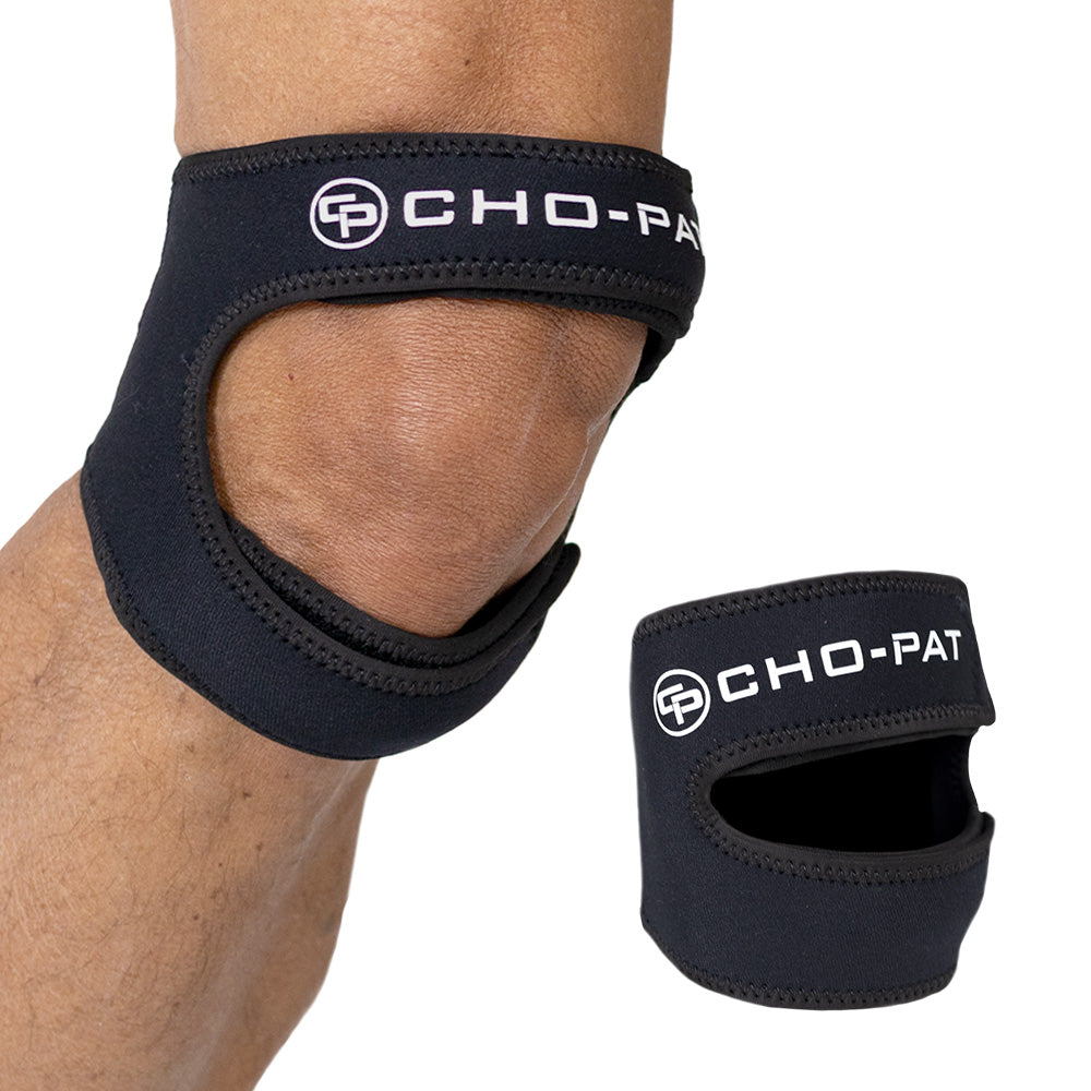 Cho-Pat Dual Action Lite knee strap shown on knee with close-up detail view
