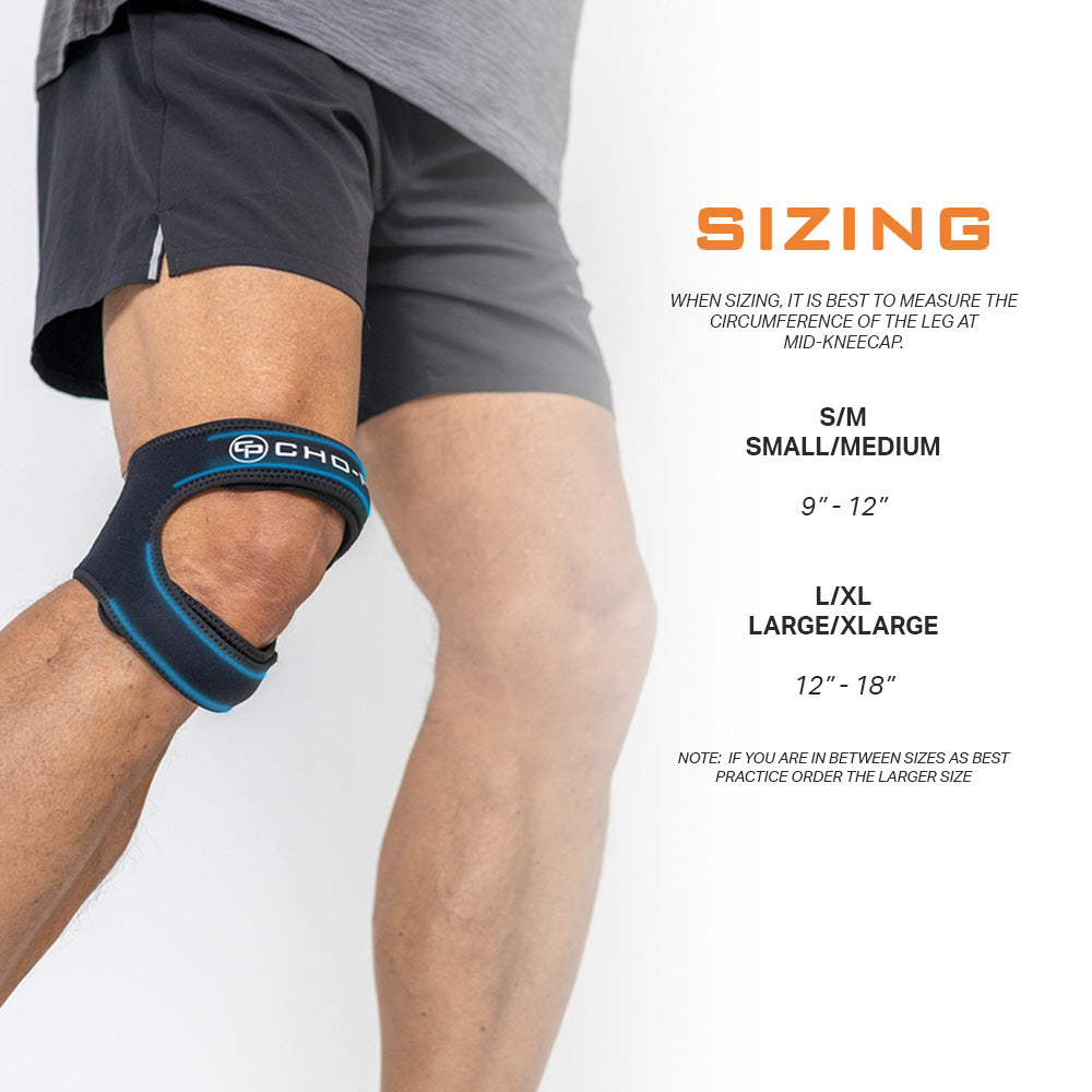 Cho-Pat Dual Action Lite knee strap sizing chart showing S/M and L/XL measurements at mid-kneecap