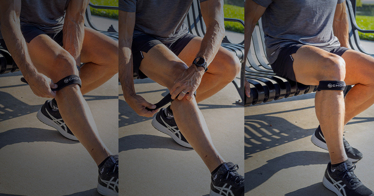 Three views of a person sitting on a bench putting on the Cho-Pat Patella Knee Strap.
