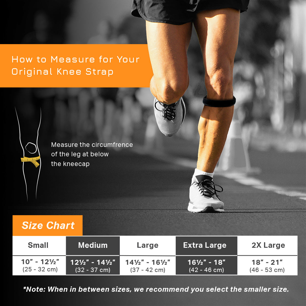 Cho-Pat Original Knee Strap sizing guide showing how to measure below the kneecap