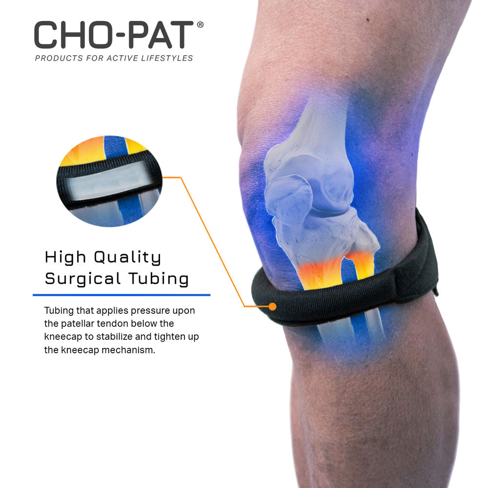 Cho-Pat Original Knee Strap surgical tubing positioned below the kneecap for targeted patellar support