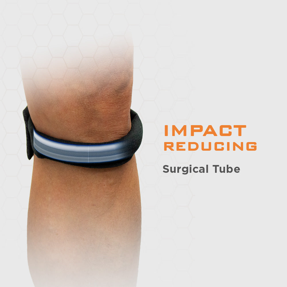 Close-up of the Cho-Pat Patella Knee Strap on a leg with an illustration highlighting the internal tube feature.